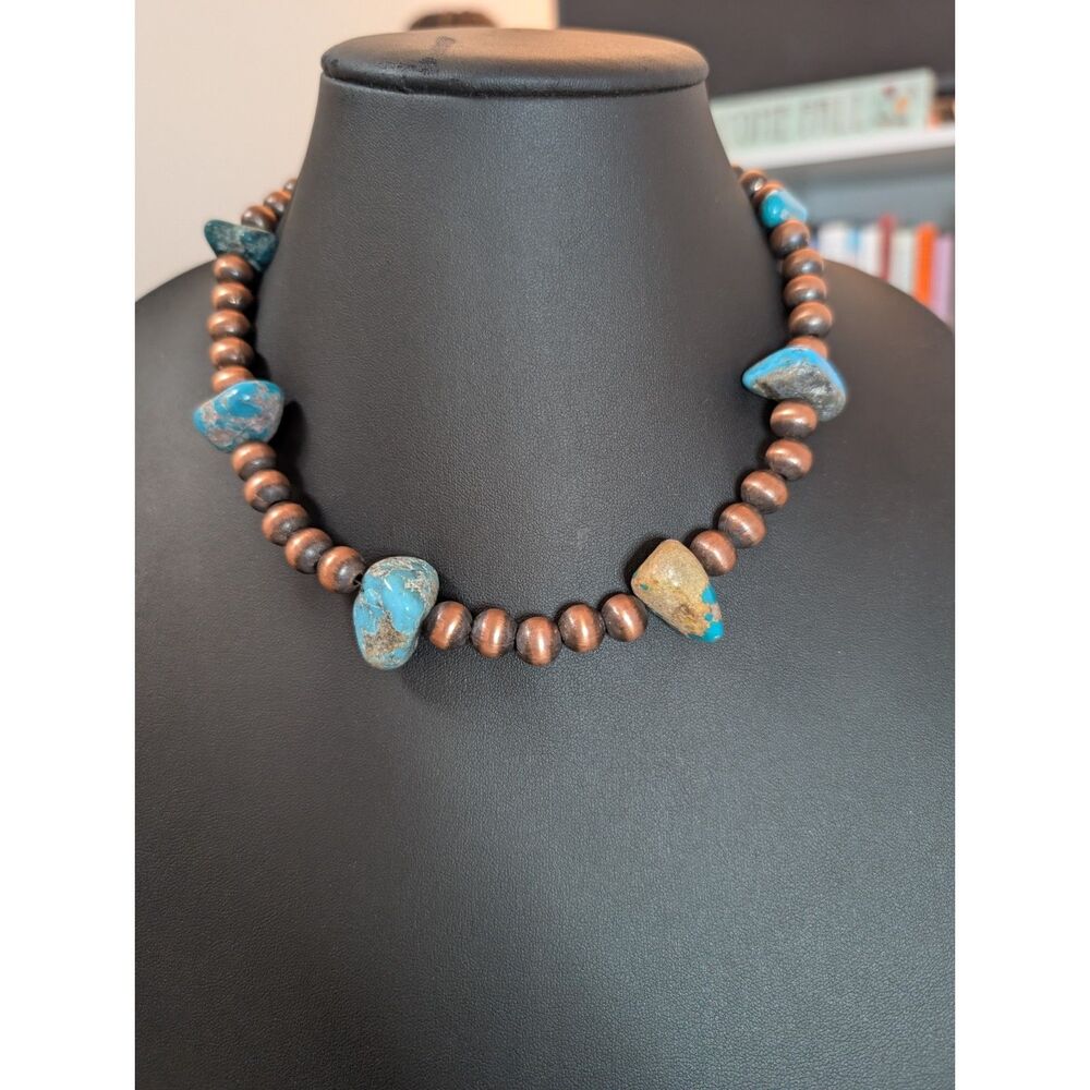 Large Pure Copper and Kingman Turquoise Nugget Necklace, 18 inches